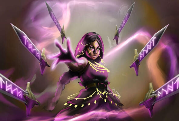 A DnD character I created for a Svilland campaign. Shanti is a powerful Sword Mage (homebrew class) that's able to breathe magic into weapons, making them fight for her.