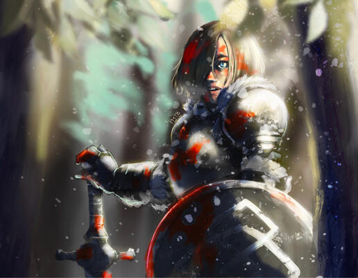 A paladin catches her breath after a battle in the snowy tundra.